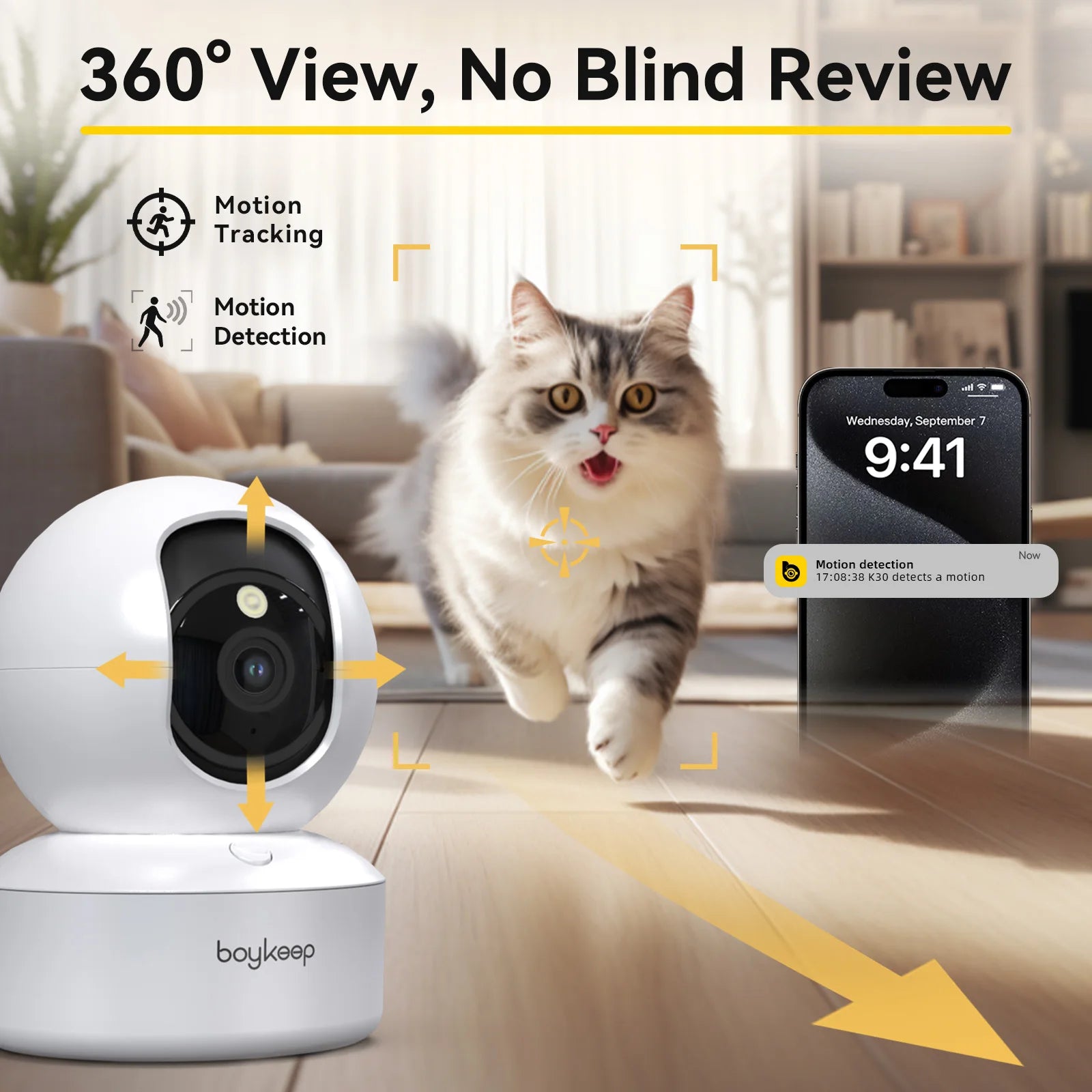 Boykeep 360° Pet Camera – Smart WiFi Indoor Security Cam with Motion Tracking & Two-Way Audio